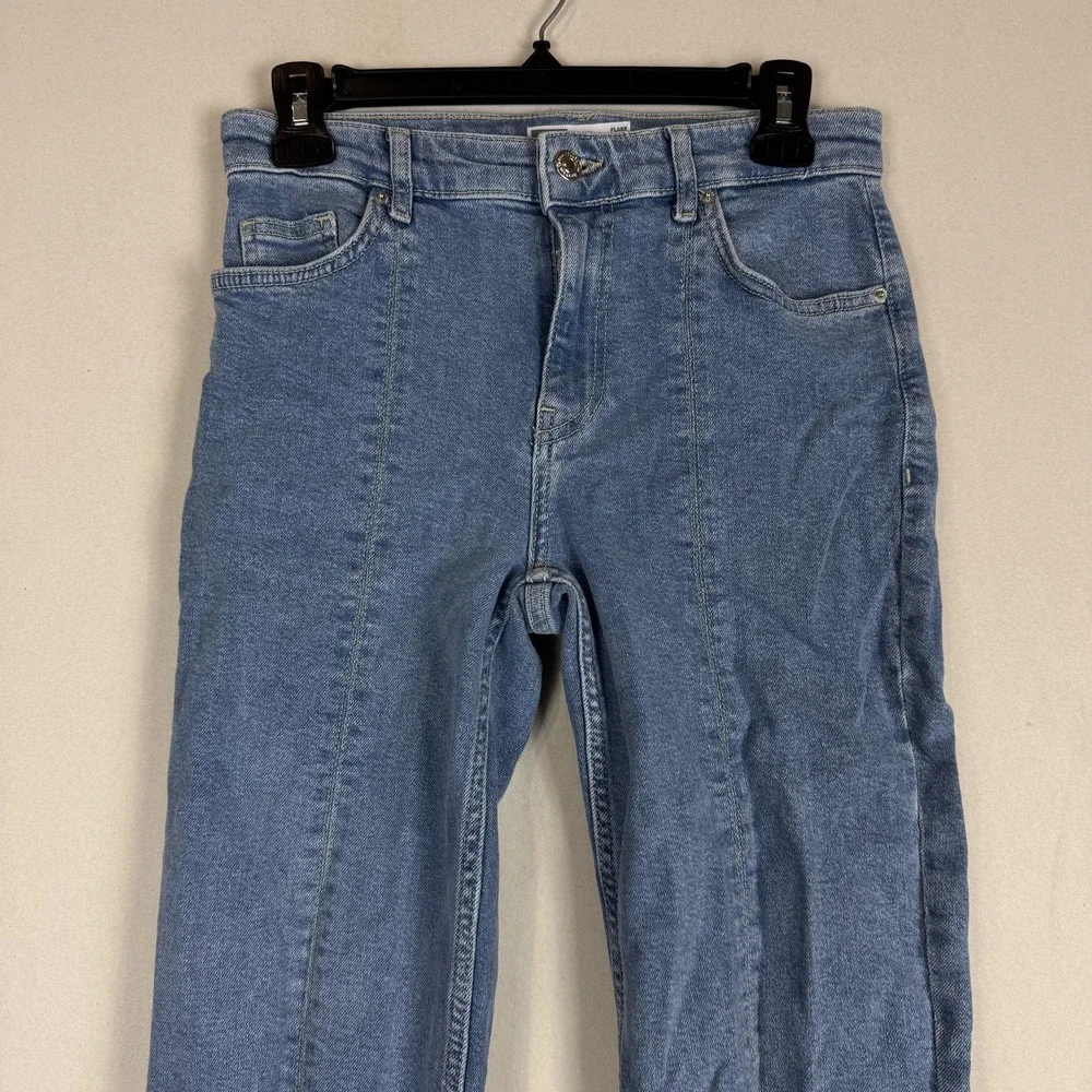 Bershka Flare Jeans Womens 6 Blue Light Wash High Rise Split Hem Stretch Denim